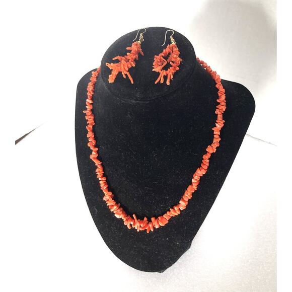 Red Coral Natural Branch Beaded Necklace And Earings Vintage - Picture 1 of 4